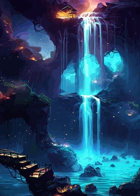 Magical waterfall at night