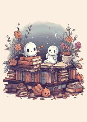 Cute Ghosts Reading Books