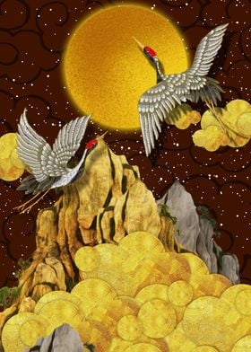 japanese cranes moon gold