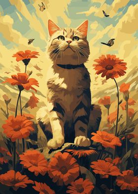 Cat in the Flower Garden