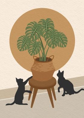 Cats with monstera plant