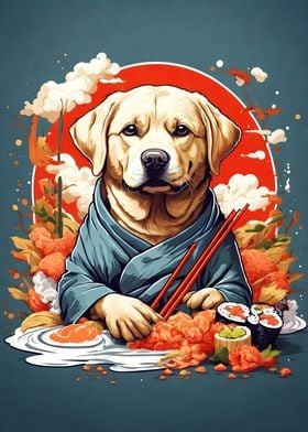 Cute Labrador eating Sushi