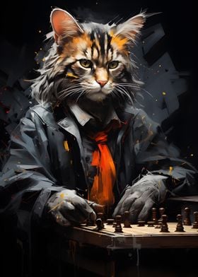 Cat Playing Chess Painting