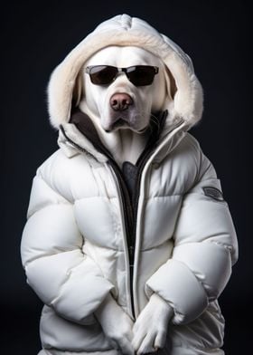 Dog with white down jacket