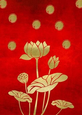 gold leaf lotus red flower