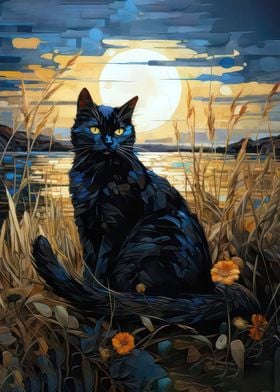 black cat painting moon 