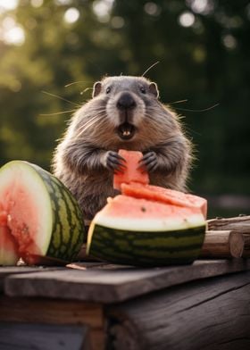 Beaver eating watermelon