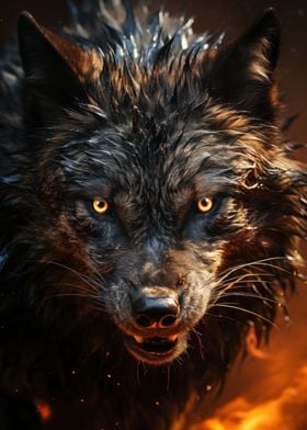 fierce black wolf in fire