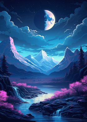 Mountain River Night Moon