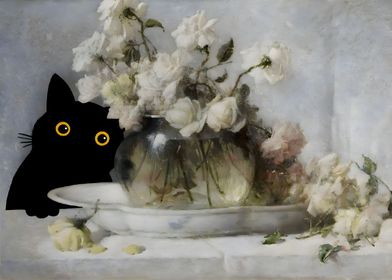 Cat with Still Life Roses