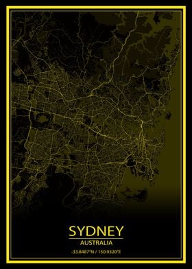 Sydney Black Yellow Map