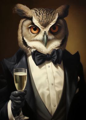 owl holding beer in tuxedo