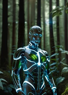 Blue cyborg in forest