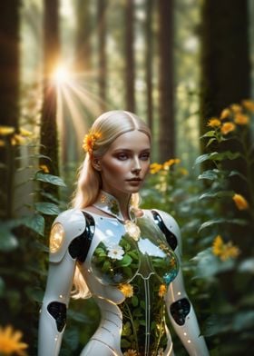 Blond girl robot in forest