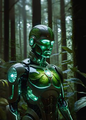 Green cyborg in forest