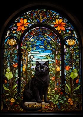 Black Cat Stained glass Fl