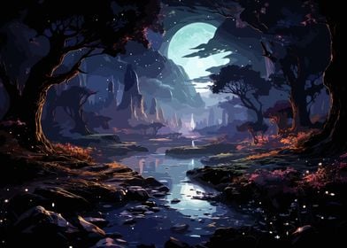 Moonlit Anime River Scene