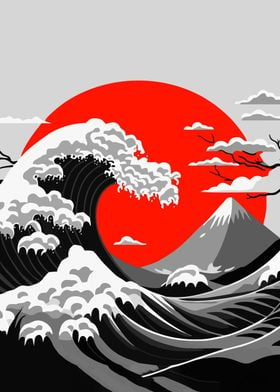 Great Wave red Moon Japan