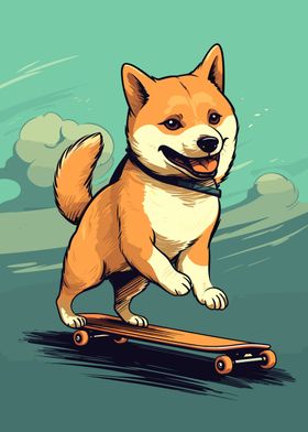 Shiba Inu on a Skateboard