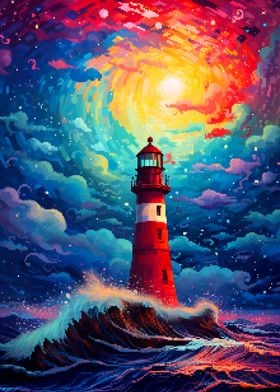 Lighthouse Waves Pixel Art