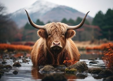 Highland Cow In a river
