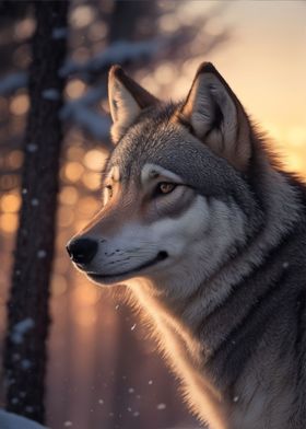 Snow wolf sunrise