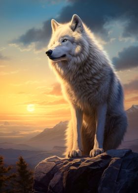 white wolf at sunset