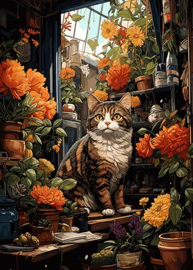 Cat Cute Flowers 