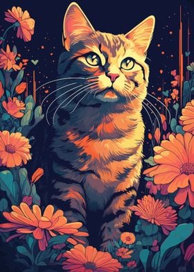 Cat Cute Flowers 