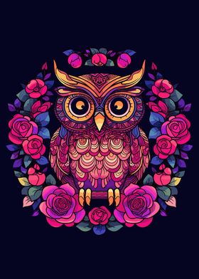 owl with colorful flowers