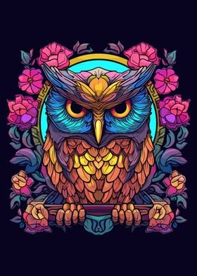 owl with colorful flowers