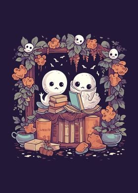 Cute Ghosts Reading Books