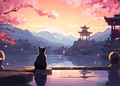 cat japanese landscape