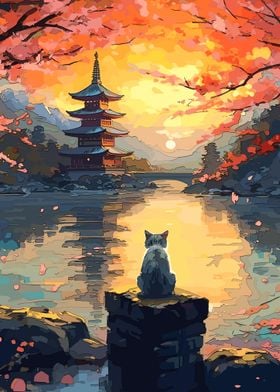 cat japanese landscape