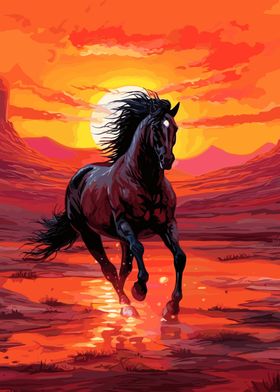 horse running at sunset