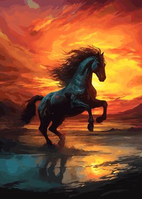 horse running at sunset