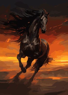 horse running at sunset