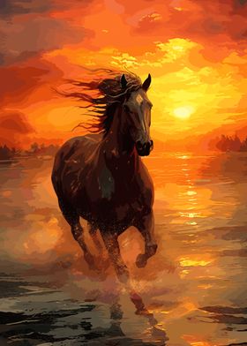 horse running at sunset