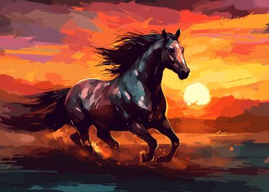 horse running at sunset