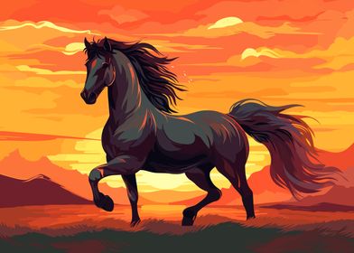 horse running at sunset