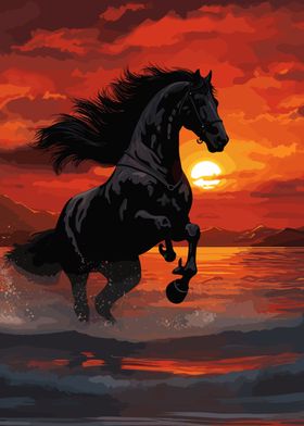 horse running at sunset