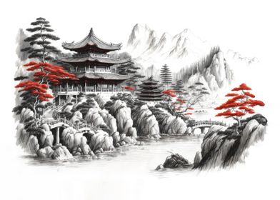Chinese Temple Ink Art