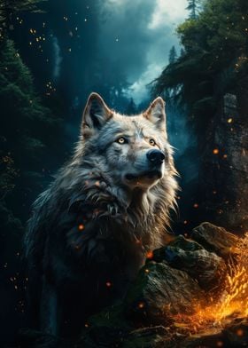 white wolf in fire and fog