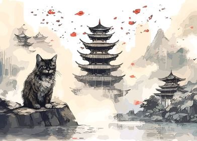 cat japanese landscape