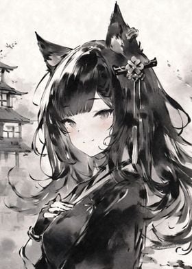 Japanese Catgirl Black Ink