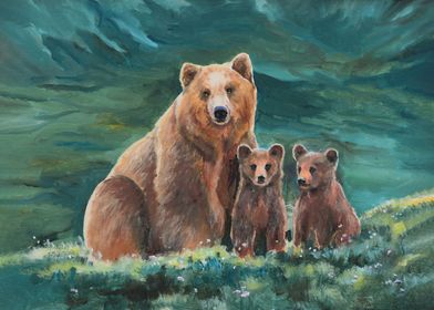 Brown bear in forest paint
