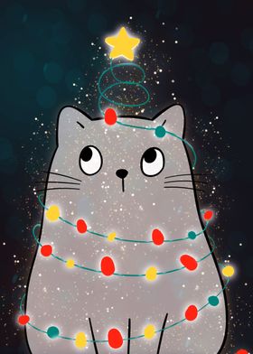 Christmas Light Tree Cat