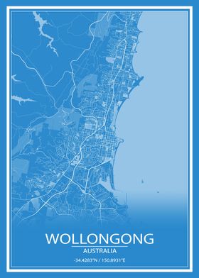 Wollongong Blue White Map