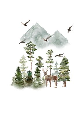 Mountains and Forest Deer