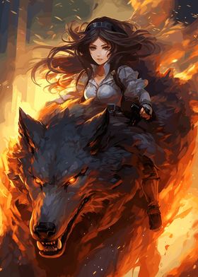 Anime Girl riding a Wolf